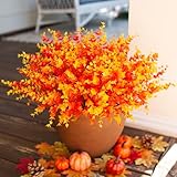 HyeFlora Artificial Fall Flowers Faux Mums for Outdoor Indoor Garden Home Decoration, Faux Flower Daisy with Eucalyptus Leaves Fake Plants Greenery Boxwood Porch Patio, 12 Bundles (Orange Eucalyptus)