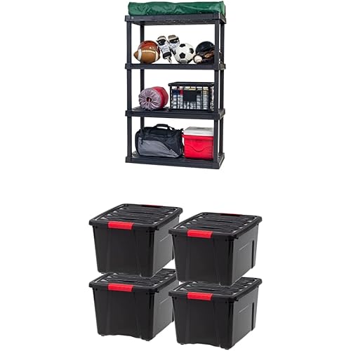IRIS USA 4-Tier Shelving Unit, 36" W x 18" D x 56" H, 1 Pack, Black + IRIS USA 40 Qt. Plastic Storage Container Bin with Secure Lid and Latching Buckles, 4 Pack, Black, Bundle