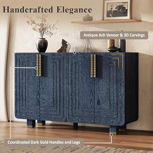 54 Retro Buffet Cabinet with Storage, 4-Door Vintage Fluted Sideboard Cabinet with Adjustable Shelves for Dining Room, Kitchen, and Living Room,for use in Restaurants