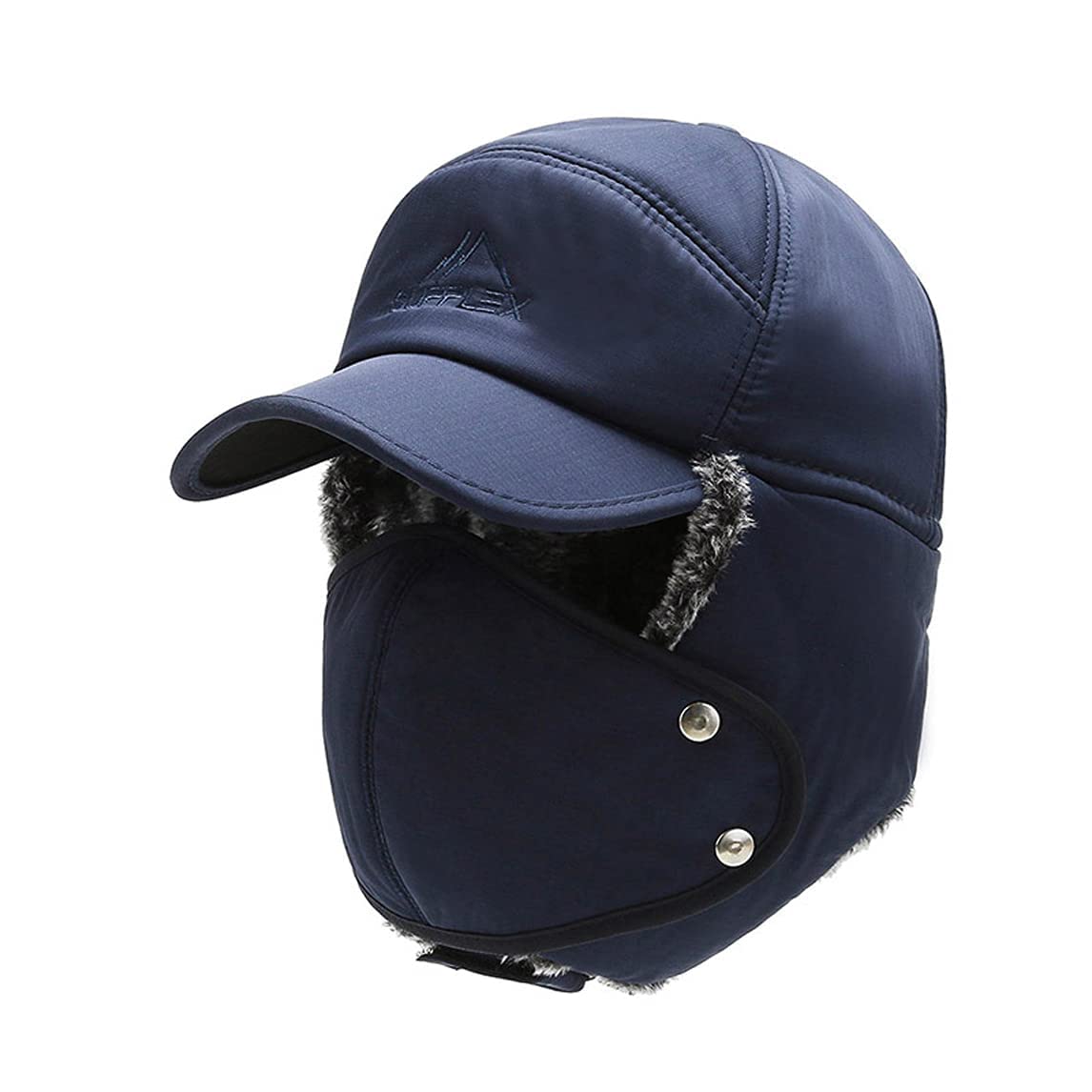 ONLY-HOT Winter Warm Trapper Hat Cozy Faux Fur Bomber Pilot Hat with Removable Mask, Earflap & Wide Brim Baseball Cap Trooper Hat Navy Blue