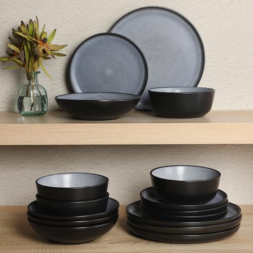 Image of Gibson Elite Tribeca Loft 16-Piece Dinnerware Set - Matte Black and Blue Reactive Glaze Stoneware, Double Bowl Round Plates and Bowls - Modern Rustic Dinnerware for 4, Dishwasher & Microwave Safe