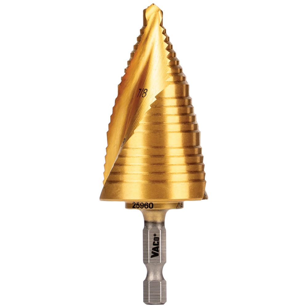 Klein Tools 25960 Kademeli Matkap Ucu, 7/8 ila 1-3/8-İnç, Spiral Çift Yivli Kesim, İnce Metal, Plastik, Alüminyum, Ahşap, 1/4 inç Altıgen Şaft, VACO