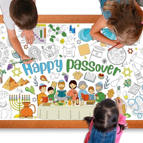 Image of Happy Passover Large Coloring Tablecloth Poster for Kids, Pesach Jumbo Coloring Paper Poster Sheets, Passover Color-in Craft Activities for Kids Festive Seder Party Supplies Decorations, 30 x 72Inch