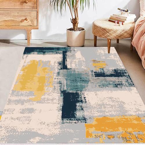 Taidianolp Tapis carré à poils courts lavable pour salon - Convient aux animaux domestiques - Bleu sarcelle, orange, jaune moutarde, gris, beige - Motif...