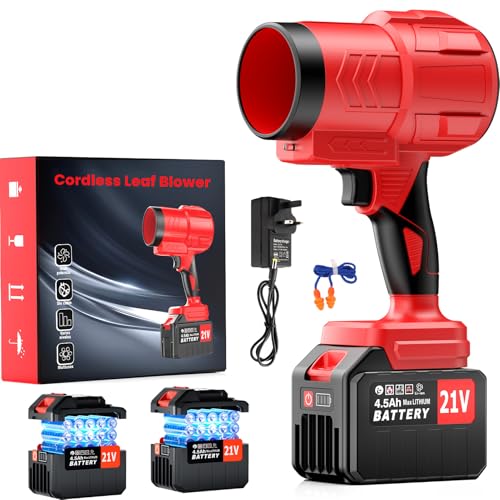Soplador de hojas inalámbrico con 21 V, 2 baterías de 4500 mAh y cargador, motor sin escobillas de 150,000 rpm, potente soplador eléctrico de hojas 685 CFM 200 MPH, soplador de jardín ligero para