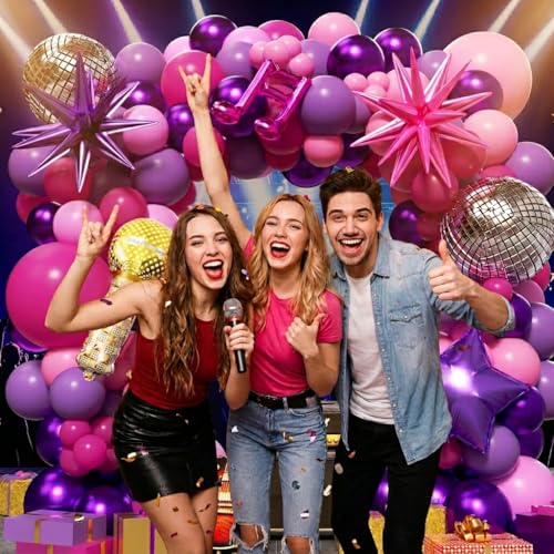 Image of K-Pop Music themed Birthday Decorations 160Pcs, Hot Pink Metallic Purple Balloon Garland Arch Kit with Disco Notes Star Foil Balloons for Girls Fans Birthday Grad Prom Princess Party Decor