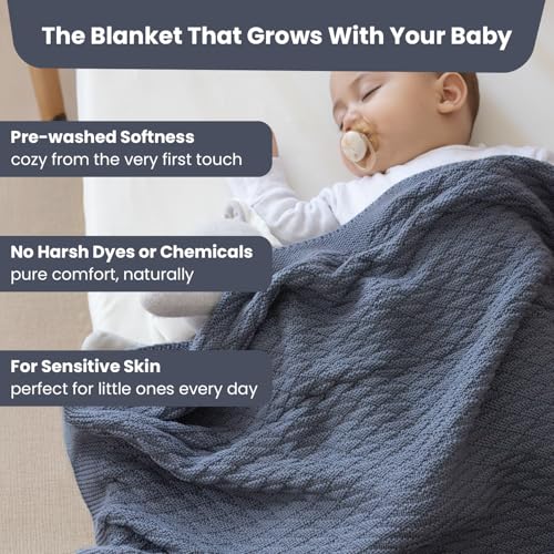 Image of Nora Organic Cotton Baby Blanket 30x40 in, Grey Blue - GOTS Certified, Soft Knit Swaddle for Newborns, Crib & Stroller, Machine Washable
