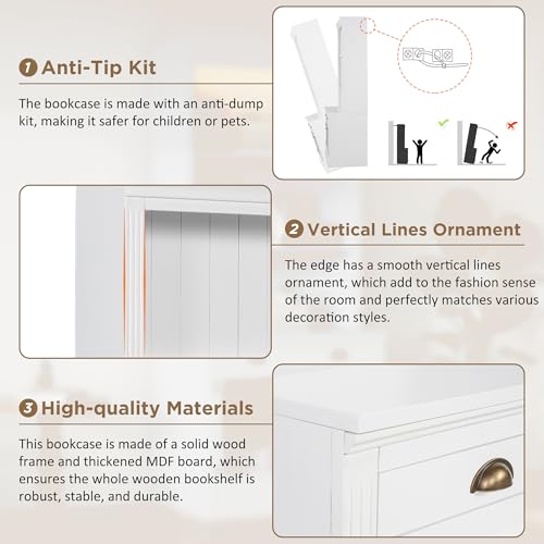Image of 83.4 inch White Tall Bookshelf with 3-Layers LED Lighting, Modern Bookcase with 2 Glass Doors and 1 Drawer,Storage Bookcase with Open Shelves for Living Room,Home Office (White+Glasses)