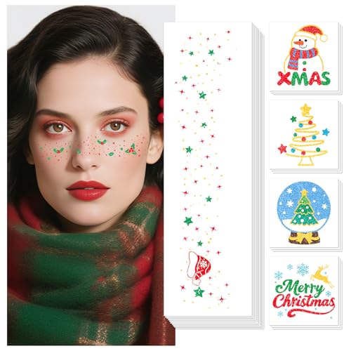 Acevegue Weihnachtsdeko Weihnachten Sommersprossen Tattoo Erwachsene 40 Blätter, Glitzer Gesicht Freckles Weihnachts Tattoo Kinder, Gesichtstattoo Festival Outfit Accessoires Damen Adventskalender