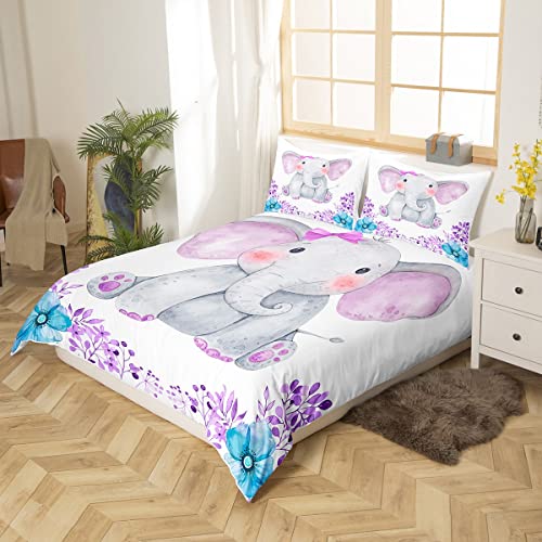 Kids Elephant Bedding Set Cute Animal Comforter Cover Full Size For Girls Boys Kawaii Room Decor, Flower Branches Duvet Cover Cartoon Elephant With Floral Bed Set With Corner Ties, Purple Blue #TOP2