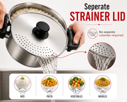 Image of RUDRA Stainless Steel Rice Cooker & Steamer with Glass Lid & Strainer Lid | Induction Base | Clip Lock Handles | Multipurpose Cooking Pot for Rice, Pasta, Vegetables, Noodles