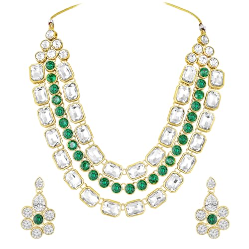 Image of Peora Crystal Studded Gold Plated Layered Long Necklace & Dangle Earring Jewellery Set for Women & Girls