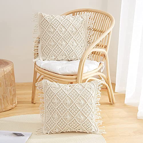 Image of Beautifull and Luxurious Handmade 100% Cotton Macrame Cushion Cover 16 inchx16 inch inch in Natural White Colour | Boho Cushion Cover in Premium Canvas Duck Fabric (5, Off White)
