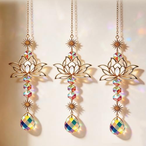 Acchiappasole in cristallo, 3 pezzi, a forma di fiore di loto, decorazione per finestra, da appendere, arcobaleno, per giochi di luce, finestre, soffitti, soggiorno