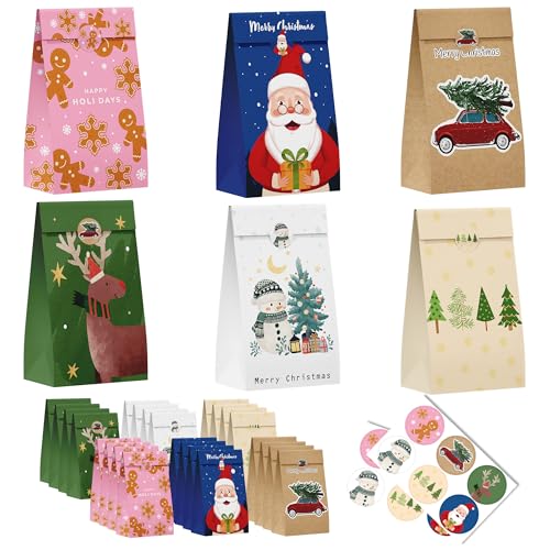 Riccioofy Christmas Treat Bags - 24 PCS Gift Bags with Stickers | CHRISTMAS Bags for Gifts | Xmas Party Favors for Kids | Small Christmas Gift Bags Assorted Sizes Baskets Decorations