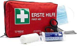 FLEXEO KFZ-Verbandtasche nach aktueller DIN 13164 | Europaweit gültig, gemäß StVZO | inkl. 2 med. Gesichtsmasken | Erste Hilfe Tasche, Set, Verbandskasten, Auto, PKW | Rot