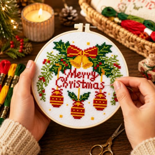 Image of Zhenqing Christmas Bells Cross Stitch Kit with Hoop - 11CT Pre-Printed 24x24cm Fabric & Complete Tools for Beginners (68348)