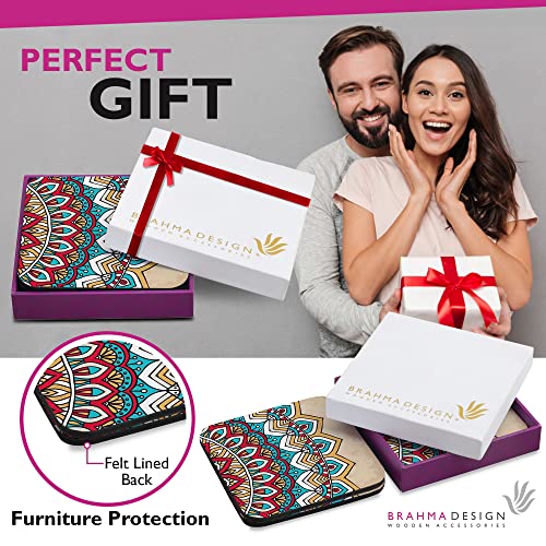 Image of Wooden Coaster Set with Gift Box | Mandala Vintage 2 Design | Set of 4 Tabletop Square Coasters 3.75 inch x 3.75 inch | Kitchen Table Wooden Decorative Items | for Cups, Mugs, Cans, Glasses