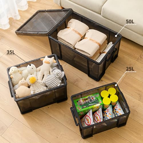 Cetomo 35 l x 3 pudełka do przechowywania, z pokrywkami, wytrzymały pojemnik z pokrywką ze wzmocnionymi narożnikami, pionowe boki i zamknięcie na klips, trwałe, plastikowe, przezroczyste czarne, 35 l