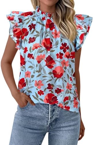 PRETTYGARDEN Women's Ruffle Short Sleeve Summer Tops 2025 Trendy Floral Trim Neck Casual Dressy Chiffon Boho Blouses Shirts