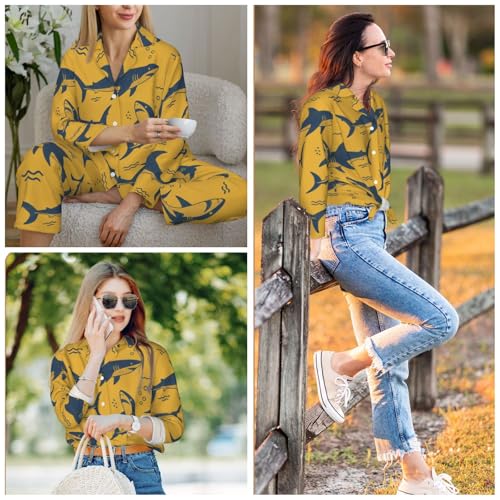 Image of Women'S Long Sleeve Pajama Set Soft Loungewear Button-Down Top & Elastic Waist Pants S- 2XL