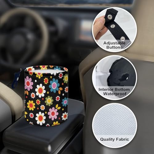 Image of Colorful Hippie Flowers Car Trash Can Collapsible Car Waste Basket Container Waterproof Auto Storage Box Travel Accessories