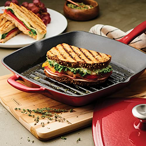 Image of Tramontina Bestow Enameled Cast Iron 11-Inch Grill Pan with Press, Red
