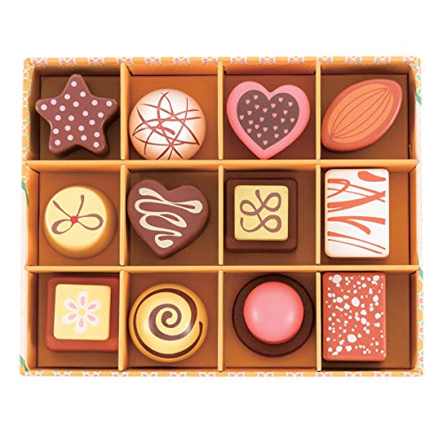 12 chocolates de madera, caja de madera de chocolates, juego para niños - Presentado en una caja con tapa - Comida de madera para juguetes para niños (12 piezas y Alimentos de juguete imitación)