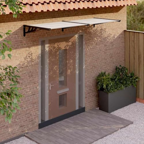Marquesina para puerta, color negro, transparente, 239 x 90 cm, placas huecas de policarbonato, soportes ABS, barras de aluminio, protección contra la intemperie para entradas, resistente a la