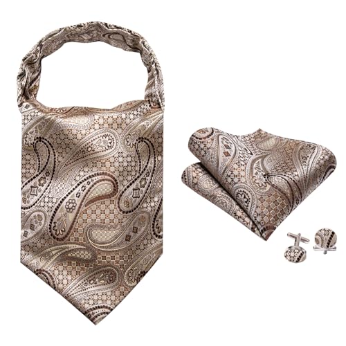 Image of Barry.Wang Ascot Ties Cravat Tie Men Paisley Plaid Scarf Self Tie Pocket Square Cufflinks Set Wedding Party