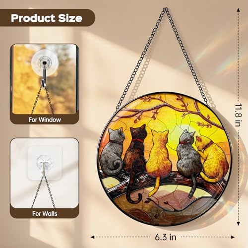 Stained Glass Window Hanging, 5 Cats on a Branch Suncatcher for Window or Door, Real Glass Sun Catchers Decoration for Home Garden Decor, Birthday Gift for Women Mom Cat Lovers(6.3in) — view 2