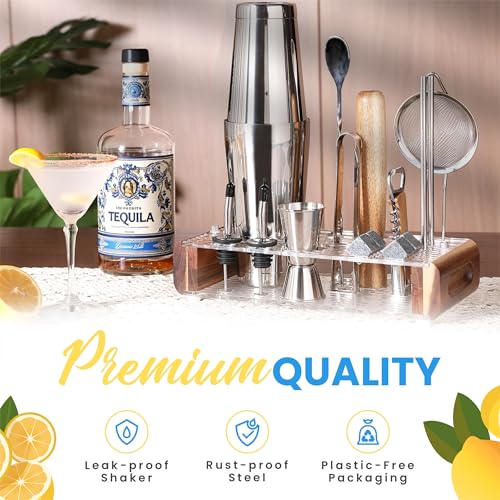 Image of Mixology Bartender Kit with Stand - 15 Piece Bar Tool Set, Silver Bar Set Cocktail Shaker Set for Drink Mixing - includes Martini Shaker, Jigger, Strainer, Bar Mixer Spoon, Tongs, Opener | Gift Idea