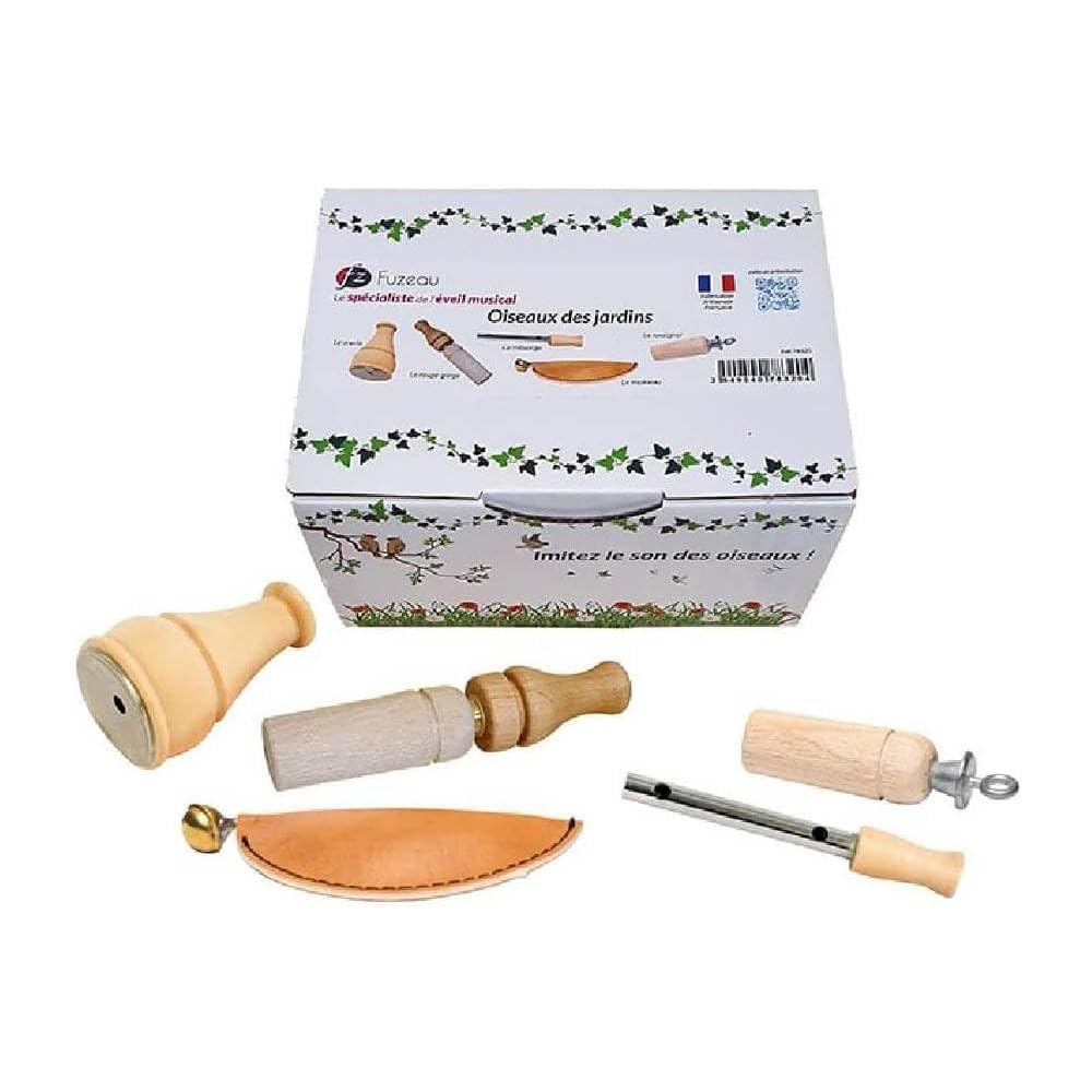 Fuzeau – Coffret 5 Appeaux Manuels - Bois Naturel Buis et Hêtre Vernis Alimentaire – Sons d’Oiseaux Authentiques Poule d’Eau, Grive, Moineau, Rossignol, Canard – Dès 4 Ans - Ref.78321