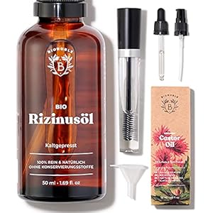 Bionoble Biologische ricinusolie, 100% zuiver, natuurlijk, koudgeperst | kit mascara, tube & trechter, glazen pipet, pomp | ricinusolie voor wimpers, wenkbrauwen, haren, baard, gezicht, nagels | castorolie 50ml