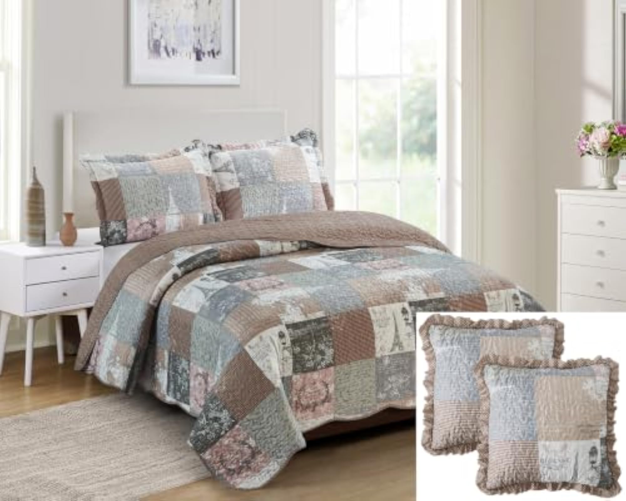 Patchwork Ruffle Pillow Cushion Covers, Latte