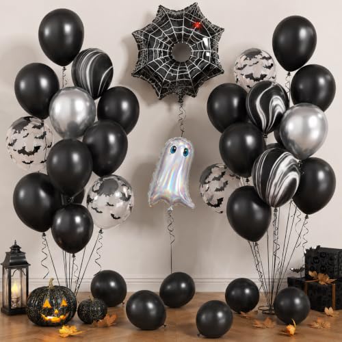 Image of Halloween Black Silver Balloons Ghost Spider Foil Balloon Party Decorations | Bat Print Spider Holographic Ghost Balloon For Halloween Spooky Birthday Trick or Treat Haunted House Horror Party Decoration