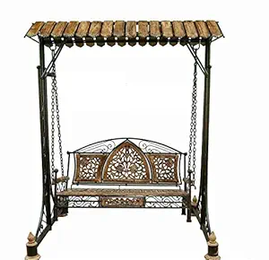 Rajasthani Arts Swing/Jhula Indoor Outdoor with Stand and Wooden Roof & Seat 300 Kgs Capacity(2 Seater)
