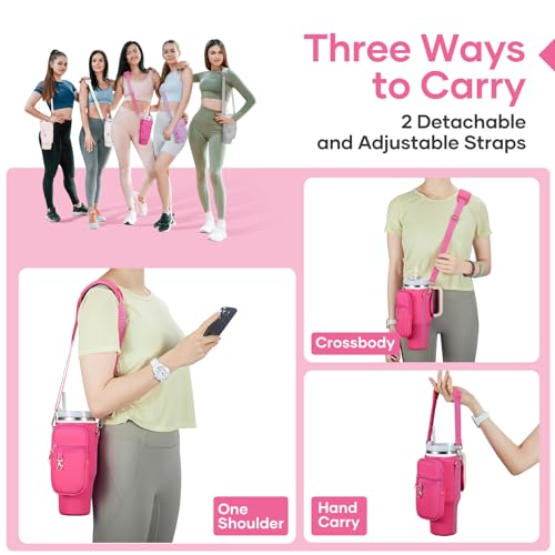 Image of linmaya Water Bottle Carrier Bag with Phone Pocket for Stanley 40 /30 oz Tumbler Neoprene Water Bottle Holder Pouch with 2 Adjustable Strap & 3 Leak Stoppers for Stanley Cup Accessories