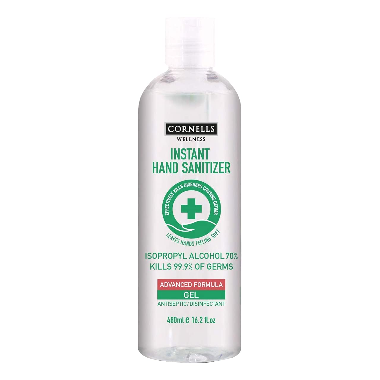Cornells Instant Hand Sanitizer Gel 480ml, IPA 70%, Kills 99.99% of Germs, Antiseptic/Disinfectant, Moisturizers & Vitamin E