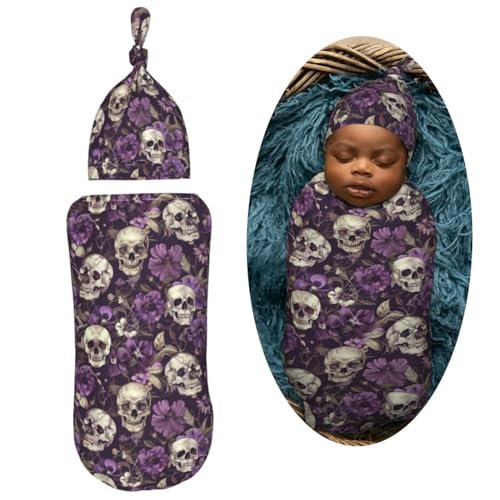 Image of Vintage Purple Flowers Skulls Newborn Swaddle Blankets Hat Sets Soft Baby Receiving Blanket Swaddle Sack for Baby Shower Infant Boy Girl Gift