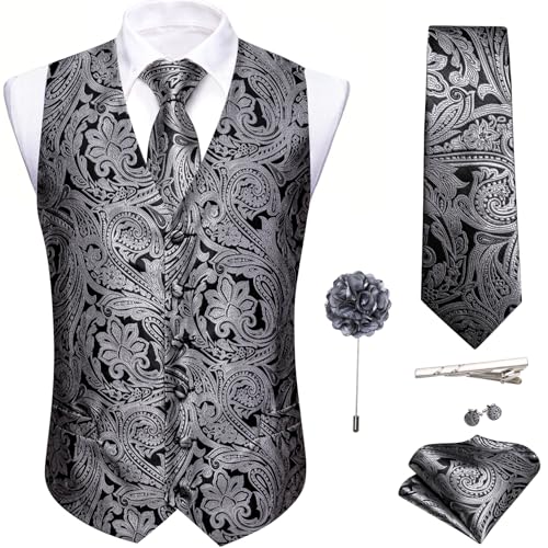 Image of Barry.Wang Formal Men Flower Vest Paisley Jacquard Silk Ties Suit Waistcoat Set Wedding 5PCS