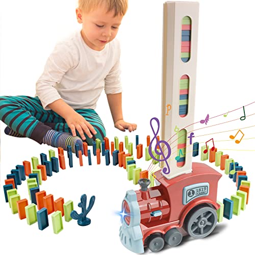 SKJJL Train Électrique Domino, Domino Blocks Jouets avec 120 Pièces Blocs, Jouet De Domino pour Enfants, Train Électrique avec Lumière et Son, Jeu de Dominos pour Enfants 3+ Ans Cadeau Anniversaire