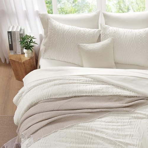Image of AMBERSPACE King Size Comforter Set White, Tufted Boho Bedding Farmhouse Bed Set, All Season 7 Pieces Bed in a Bag with Sheets, Pillowcases & Shams