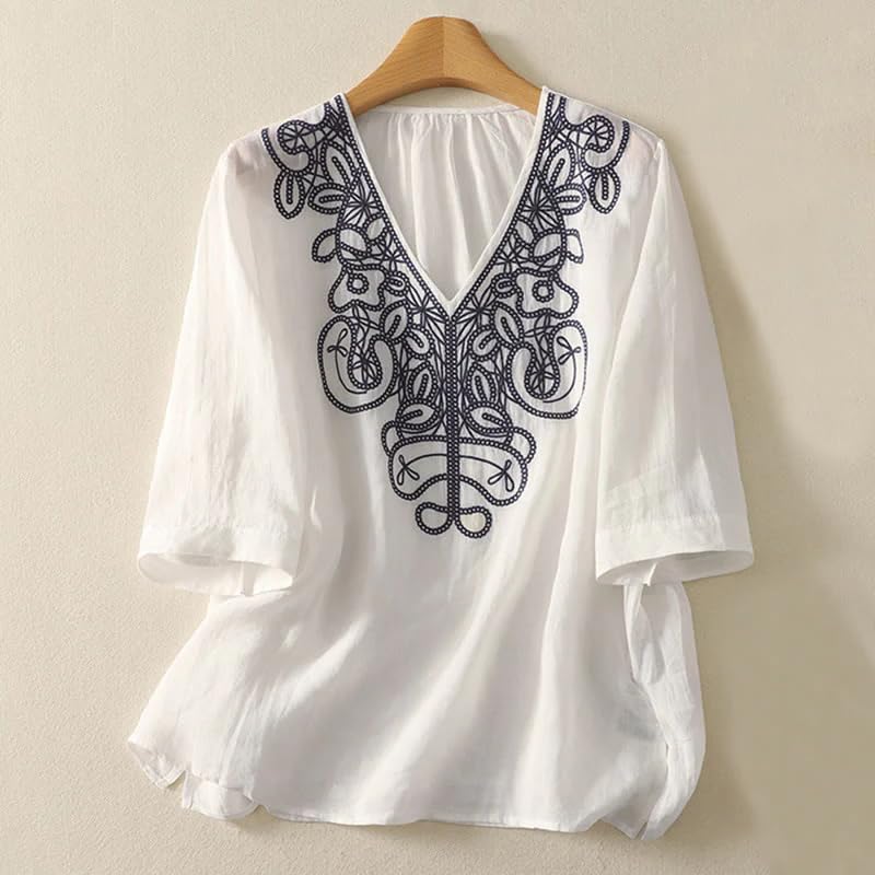 Image of RIEKA Womens Tunic Top with Floral Embroidery V Neck 3 /4 Sleeve Relaxed Fit Casual Ethnic Fusion Top Lightweight Sheer Fabric Everyday Wear for Women