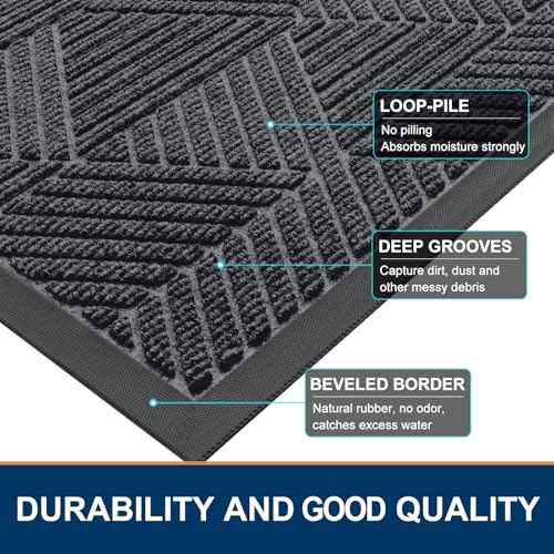 Smiry Front Door Mat Outside Entrance, Heavy Duty Sturdy Natural Rubber Doormat, Trap Dirt and Moisture, Easy Clean Low Profile Welcome Floor Mats for Indoor Outdoor Entry, 29.5x17 Inch, Silver Grey