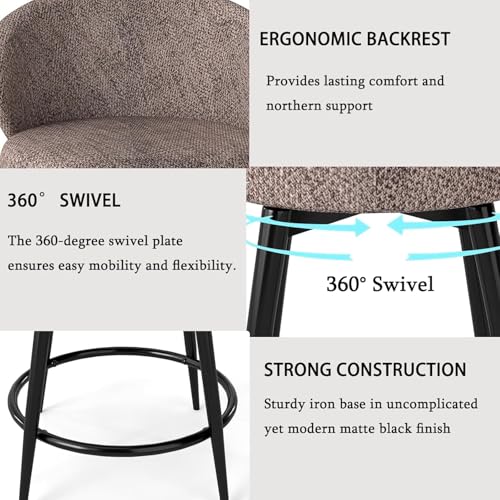 Image of Bar Stools Set of 4, 360 Swivel Breathable Fabric Kitchen Counter Height Stools, 26 inch Upholstered Bar Chair for Kitchen Islands, Restaurant, Brown