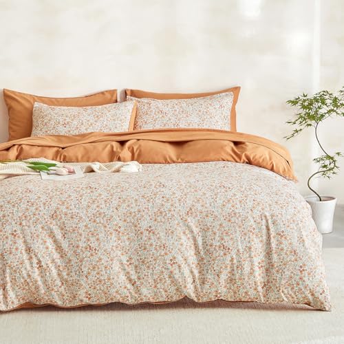 Wake In Cloud - Floral Duvet Cover Set Cute Vintage Flower Cottagecore Aesthetic for Women Teen Girls Soft Lightweight Bedding 3-Piece Cream Orange Queen Size