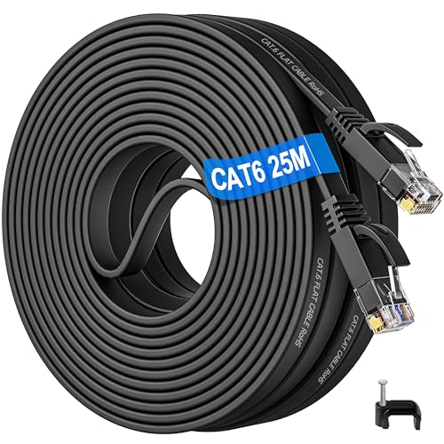 LAN Kabel 25 Meter, Netzwerkkabel 25m Outdoor Indoor, Cat 6 Ethernet Internetkabel Flach Hochgeschwindigkeits Wlan Kabel 25m Schwarz Gigabit RJ45 Patchkabel -f&uuml;r Router Modem