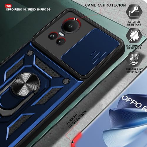 Image of AESTMO Oppo Reno 10 /10 Pro 5G Back Cover | Ring Holder & Sliding Camera Shield Cover | 360 Degree Protection Back Case Cover for Oppo Reno 10 /10 Pro 5G (Blue)