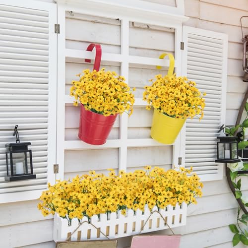 Image of Bassion 24 Bundles Artificial Flowers for Outdoors Decorations, Yellow | UV resistant, silk fake flowers, realistic faux plants, outside planter window box porch garden home decoration